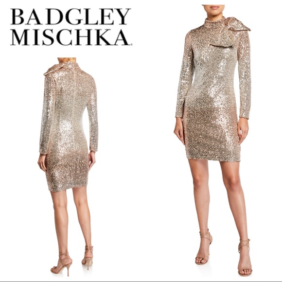 BADGLEY MISCHKA Ombre Sequin Bow-Shoulder Dress - Picture 1 of 13